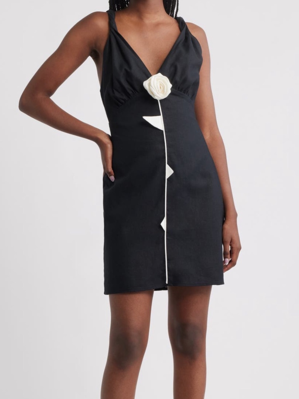 FARM Rio Black & White Rose Piping Linen Blend Sheath Mini Dress Size Large NWT
